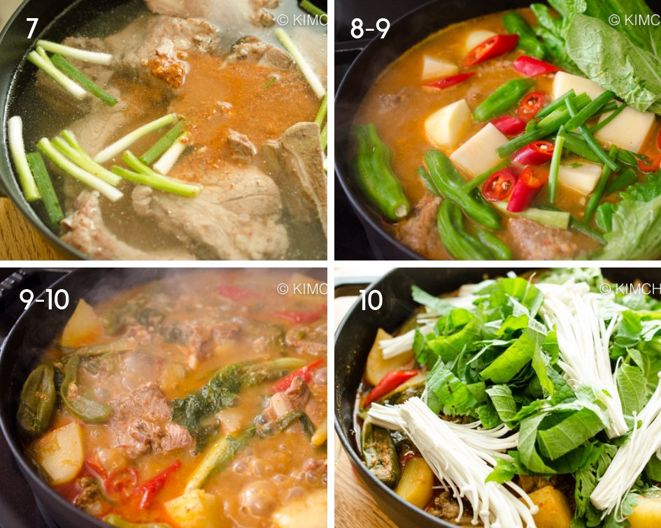 4 pics collage of different stages of cooking Gamjatang in Pot