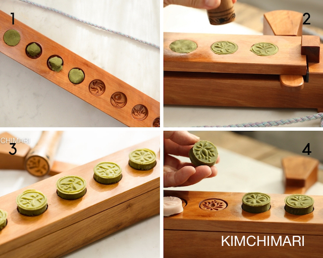 Step by step photos of making Green Tea Cookies using Dasik mold
