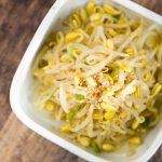 Top view of soybean sprouts side dish in square plate