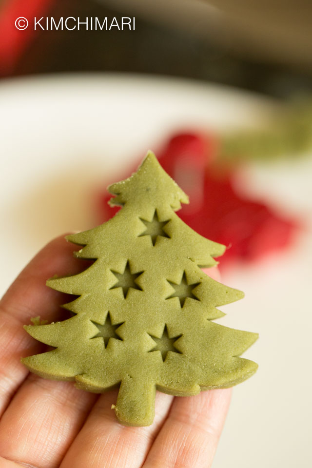 Green Tea cookie cut out into Christmas tree shape using Piecrust cutter