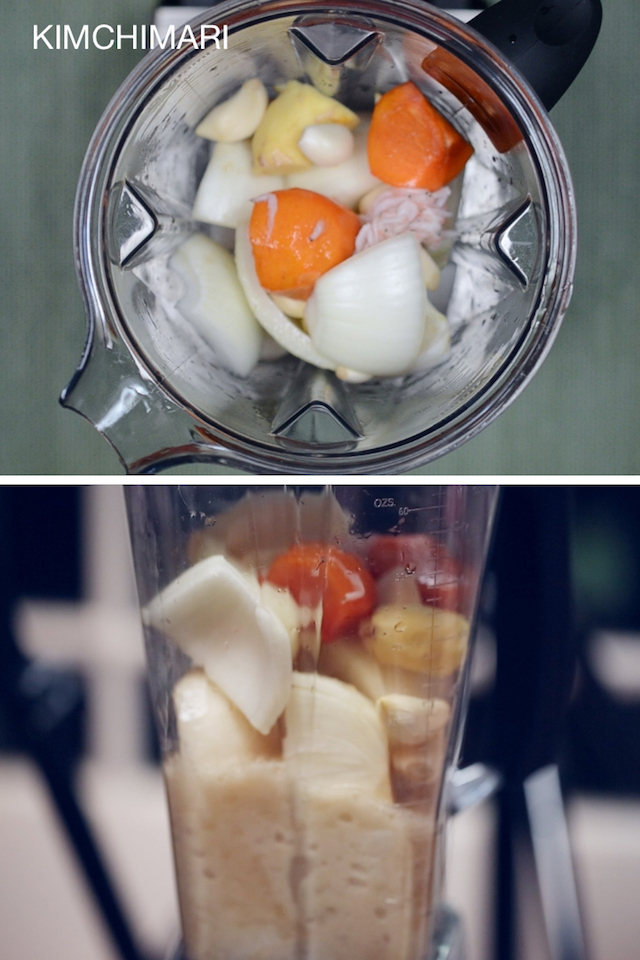 Ingredients in blender for seasoning paste for Kimchi
