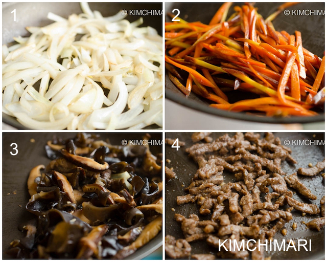 onion, carrot, mushrooms and beef sauteeing in pan for Japchae