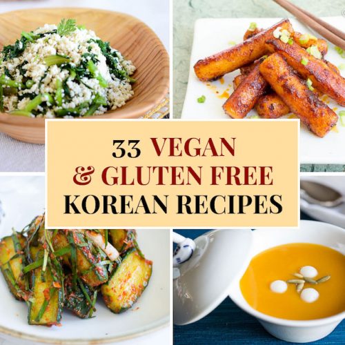 collage image of 4 vegan gluten free recipes which are cucumber kimchi, spicy rice cakes, squash soup and tofu side dish