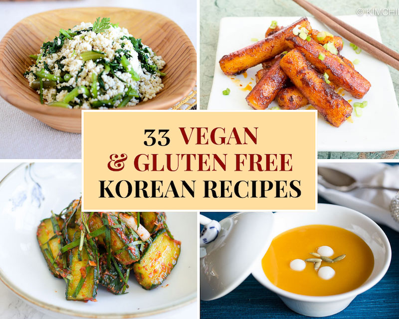 collage image of 4 vegan gluten free recipes which are cucumber kimchi, spicy rice cakes, squash soup and tofu side dish