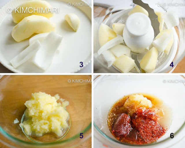 4 step pics of making bibim sauce with a pic of apple onion garlic in blender then mixing in bowl