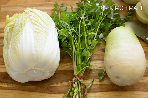 Nabak Kimchi Ingredients laid out on wood board - cabbage, minari and radish
