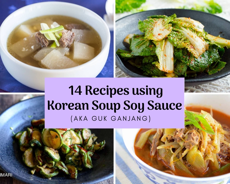 collage image of 4 different pics of dishes using korean soup soy sauce