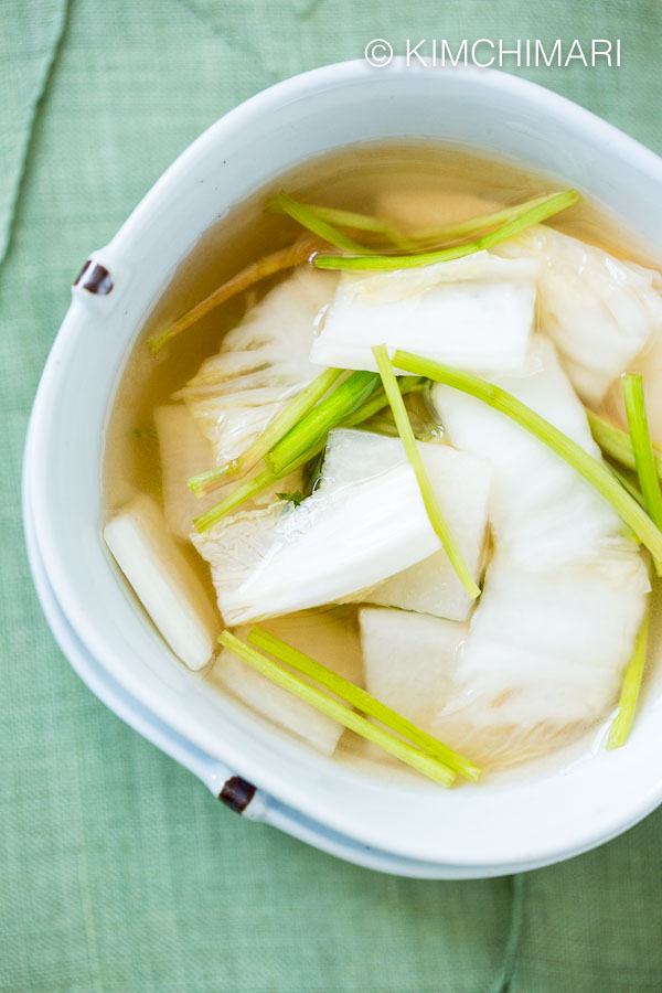 Topview of white bowl with nabak kimchi
