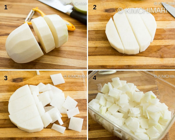 step by step pics of cutting radish into square nabak cuts