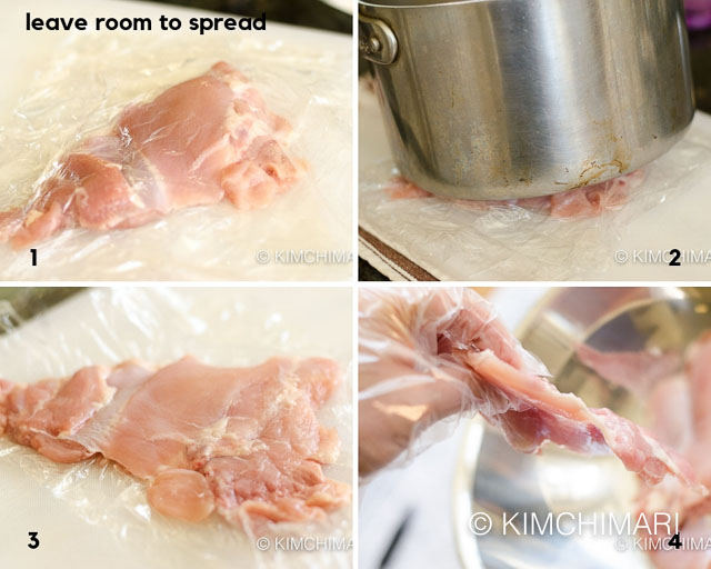 4 images of wrapping chicken thigh in saran and then pounding it with a stainless steel pot