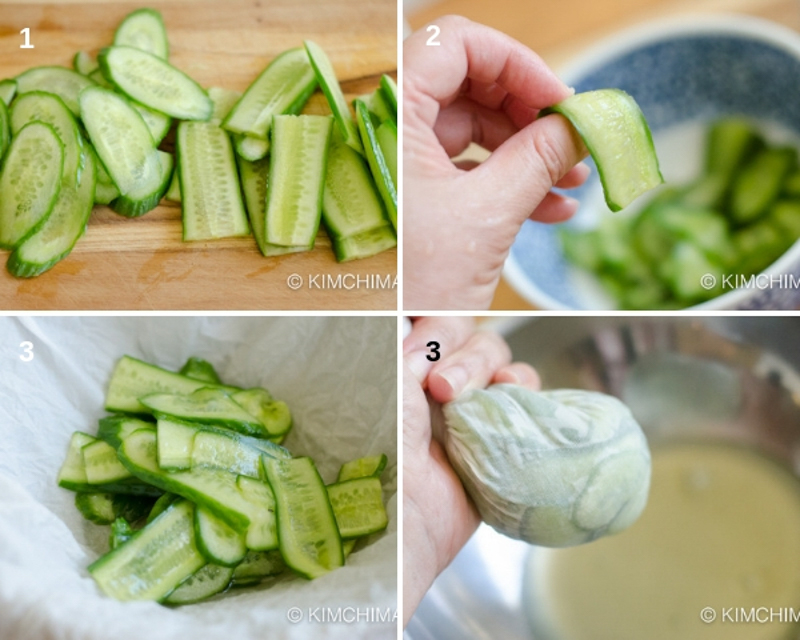 4 step by step images of pickling and wringing out liquid from pickled cucumbers