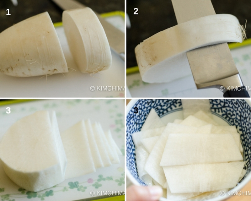 4 step by step pics of cutting, peeling radish into thin rectangle slices