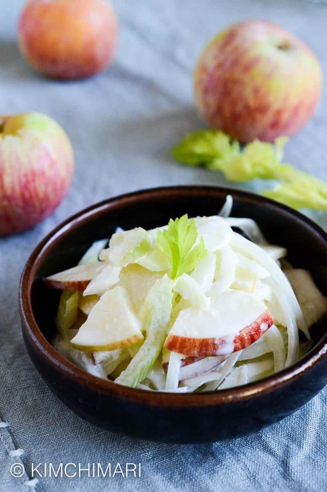 Apple Onion Celery tossed in creamy dressing served in dark brown bowl