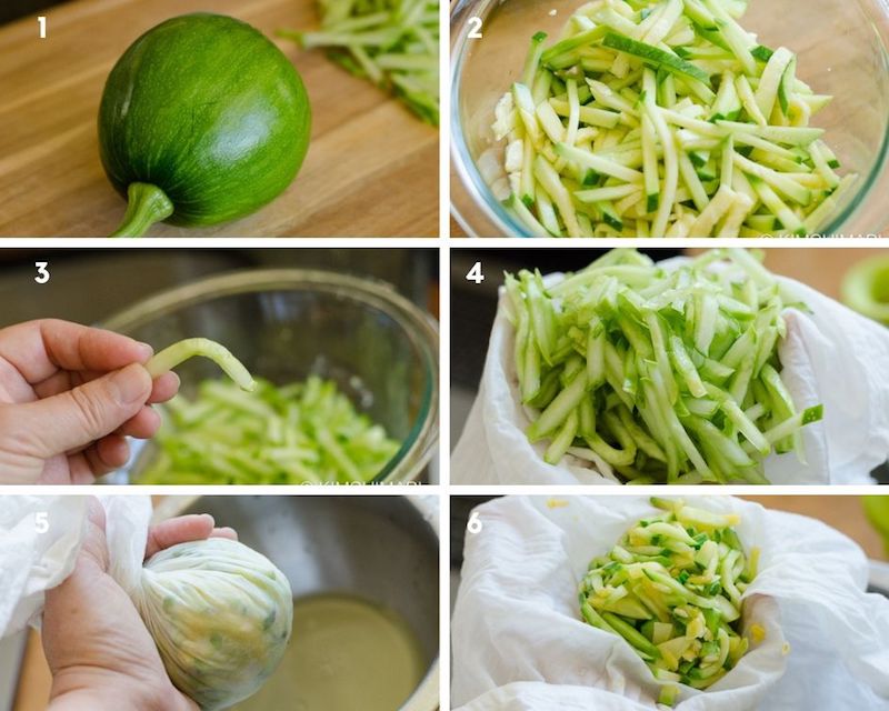 step by step pics showing steps to julienne, salt, wringing liquid from zucchini