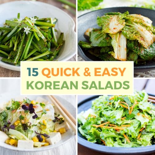 different korean salads of cabbage, chives, tofu and lettuce