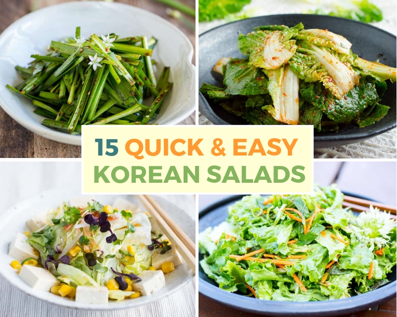 different korean salads of cabbage, chives, tofu and lettuce