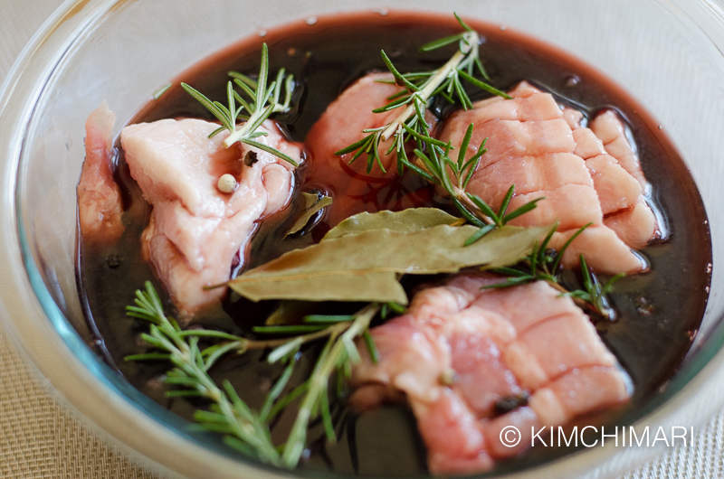 samgyeopsal porkbelly in red wine with herbs