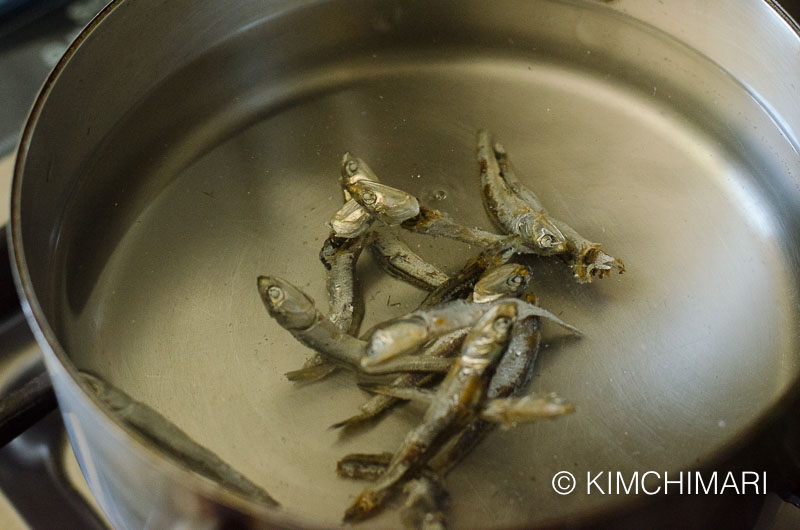 dried anchovies in pot with water