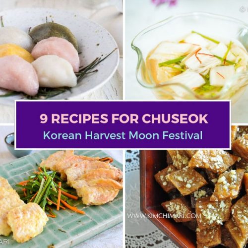 collage image of 4 Chuseok recipes including jeon, songypeon, mul kimchi and yakgwa