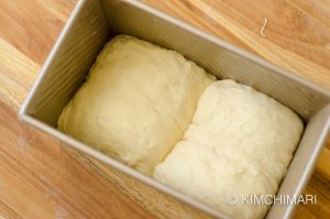 milk bread dough logs in loaf pan ready for final proof