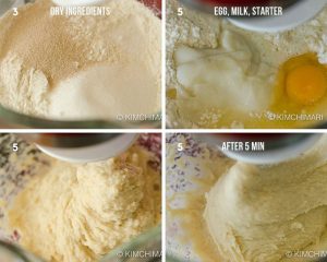 4 images of mixing dough in stand mixer from step 3 and 5