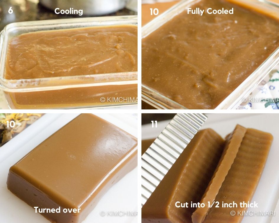 pics showing acorn jelly cooling in container then removed and cut into thick slices