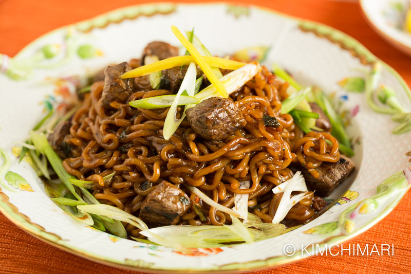 Ram-Don or Jjapaguri served with steak cubes on Hungarian Herend plate