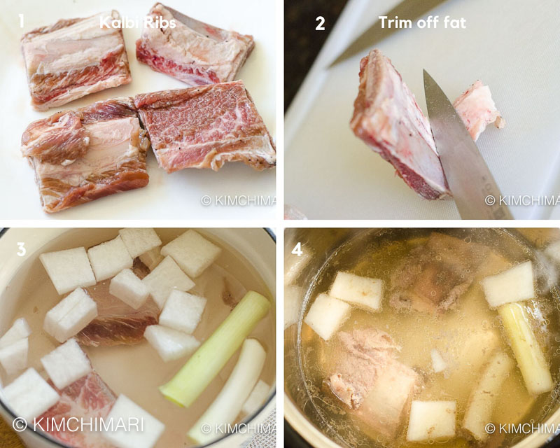 4 step-by-step pics of kalbi ribs, trimming fat then making broth with radish and green onions