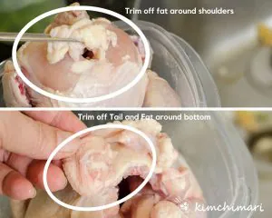 showing tail and shoulder part of chicken where fat needs to be trimmed off