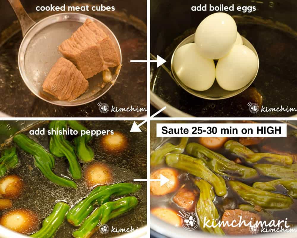 4 step by step pics of adding meat, eggs, peppers into instant pot