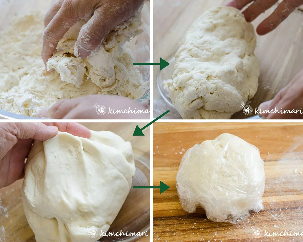 4 stepbystep pics of forming dough from flour