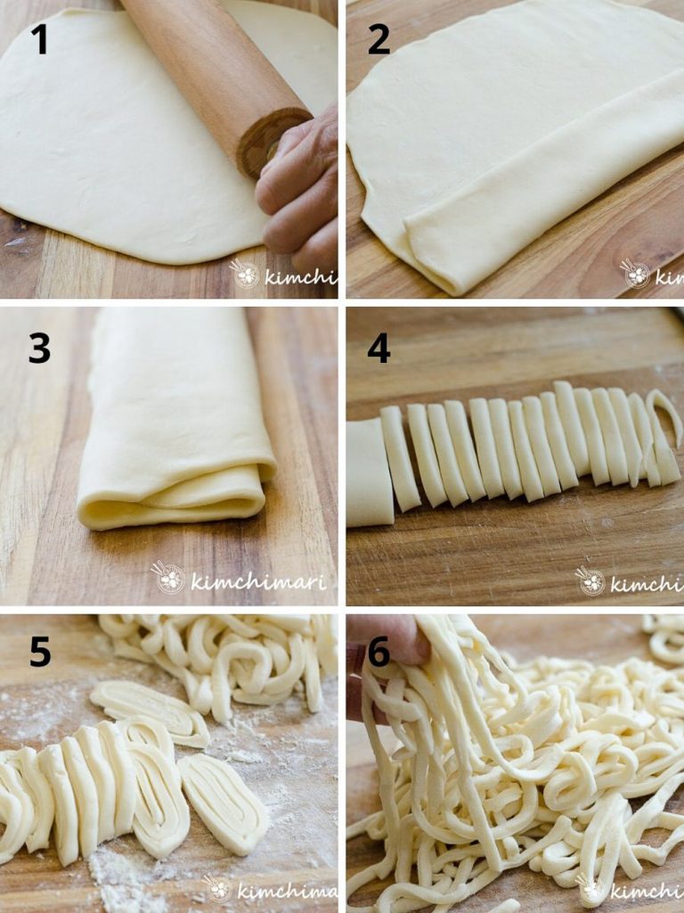 6 stepbystep pics of rolling out dough, folding and cutting noodles with knife