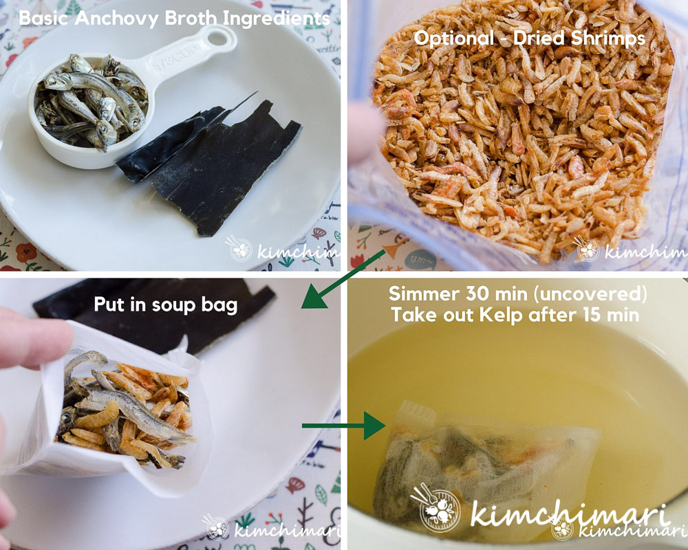 dried anchovies, kelp and dried shrimp for broth and broth cooking in pot