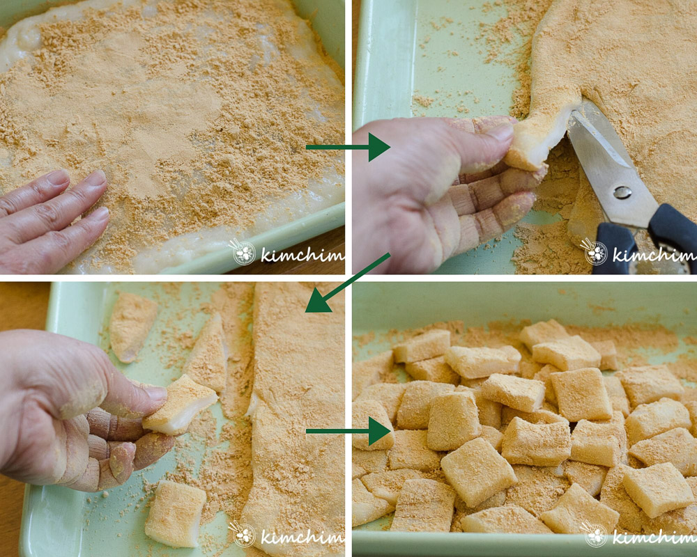 coating rice cake with soybean powder and cutting into squares