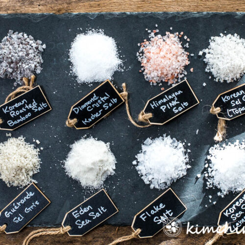 korean solar salts, french, himalayan pink salts on black slate