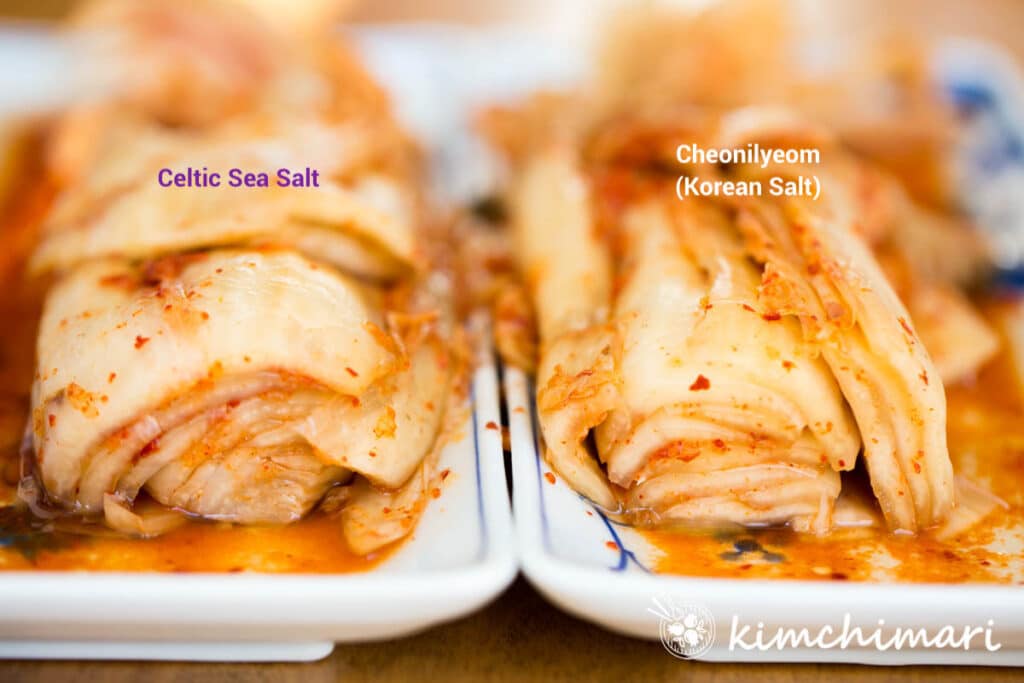 side by side picture of kimchi made with celtic sea salt and korean sea salt