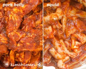 side by side pic of pork belly and squid slices marinated in osam bulgogi sauce