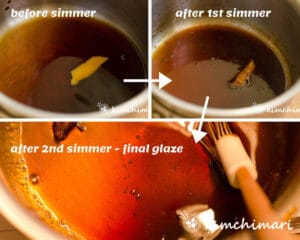 pics of sauce before and after it is simmered and reduced in pot