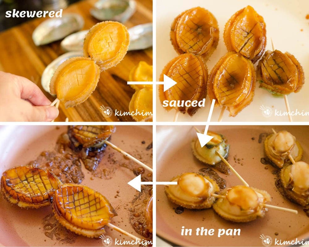 steps for skewering, coating with sauce and pan frying abalones