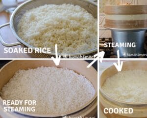4 step by step image for soaking, steaming rice in bamboo steamer