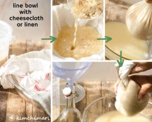 step by step pics showing filtering makgeolli with cheesecloth