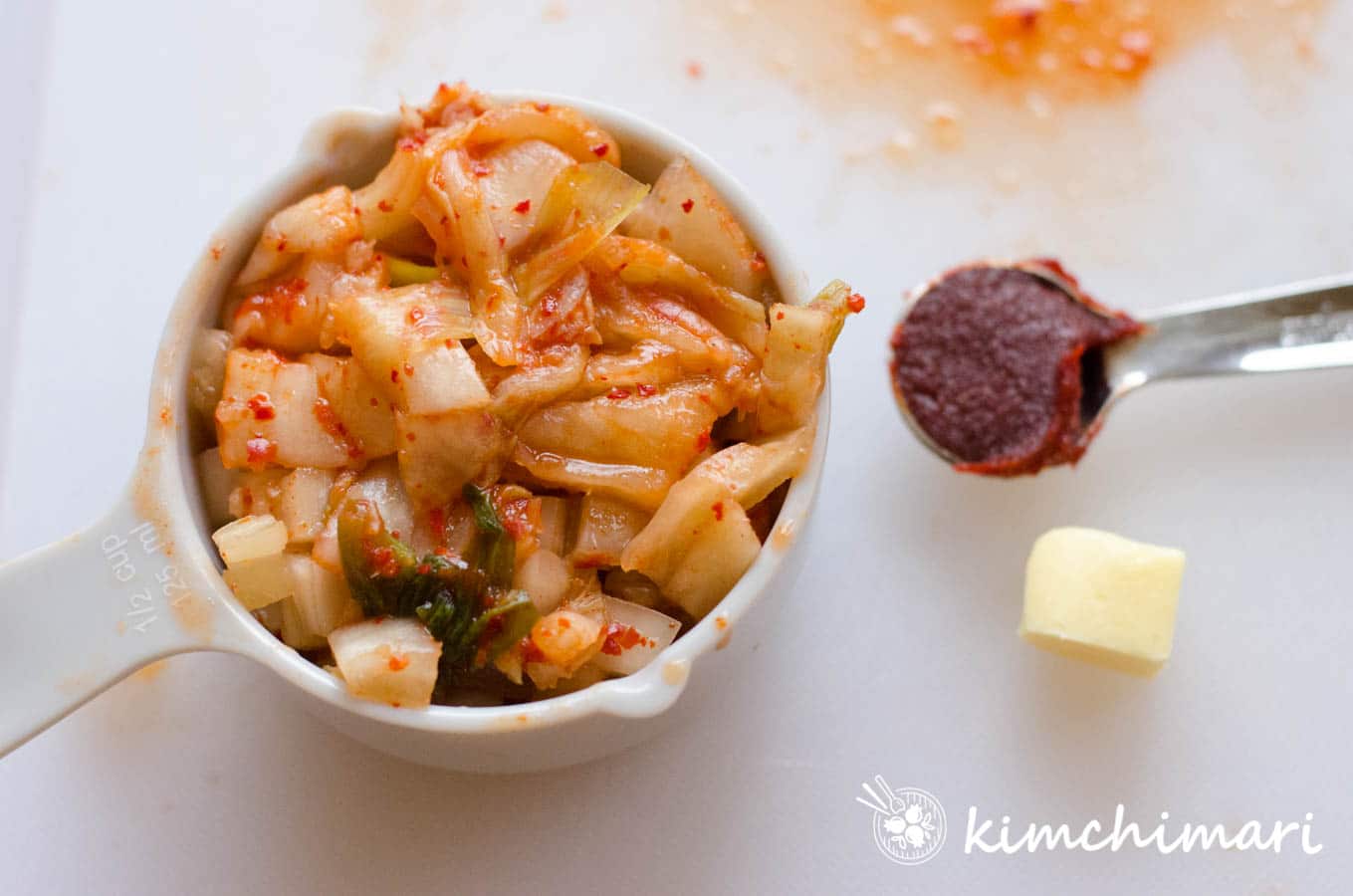 chopped kimchi, gochujang and butter measured in cup and spoons