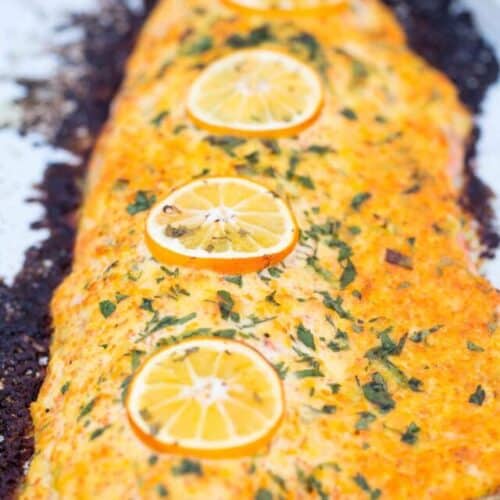 whole side of salmon baked with mayo sauce on sheet pan