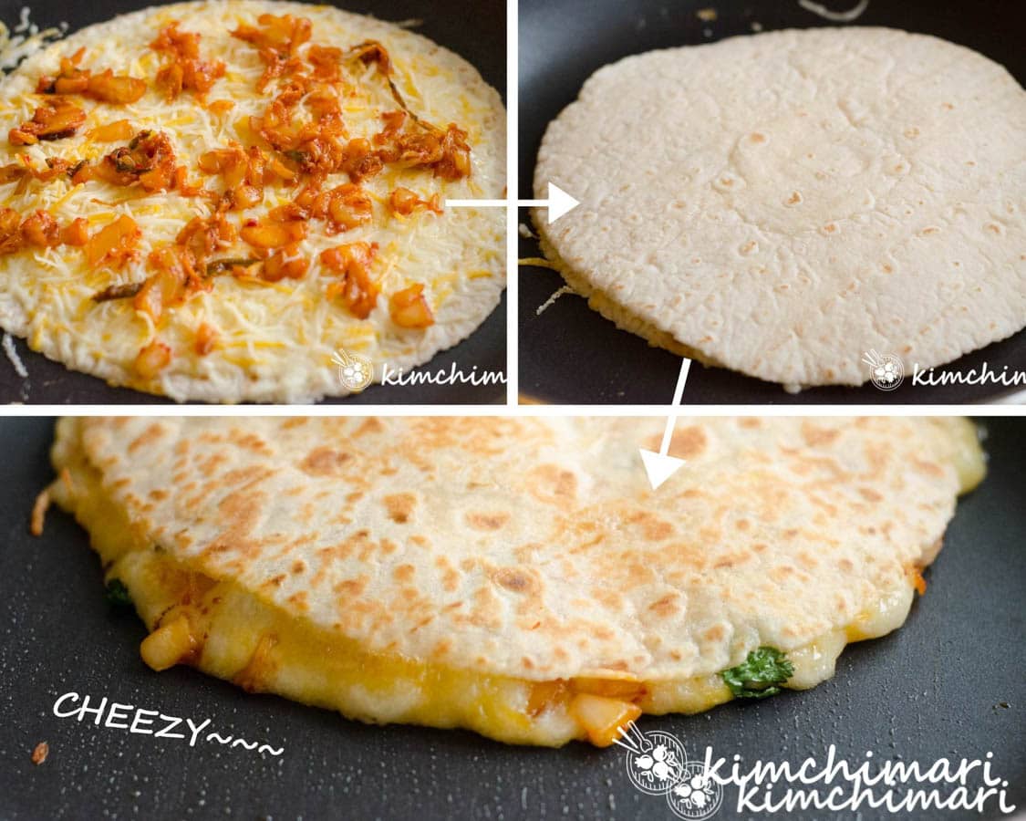 3 step by step pics of assembling and cooking quesadilla in pan