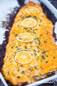 whole side of salmon baked with mayo sauce on sheet pan