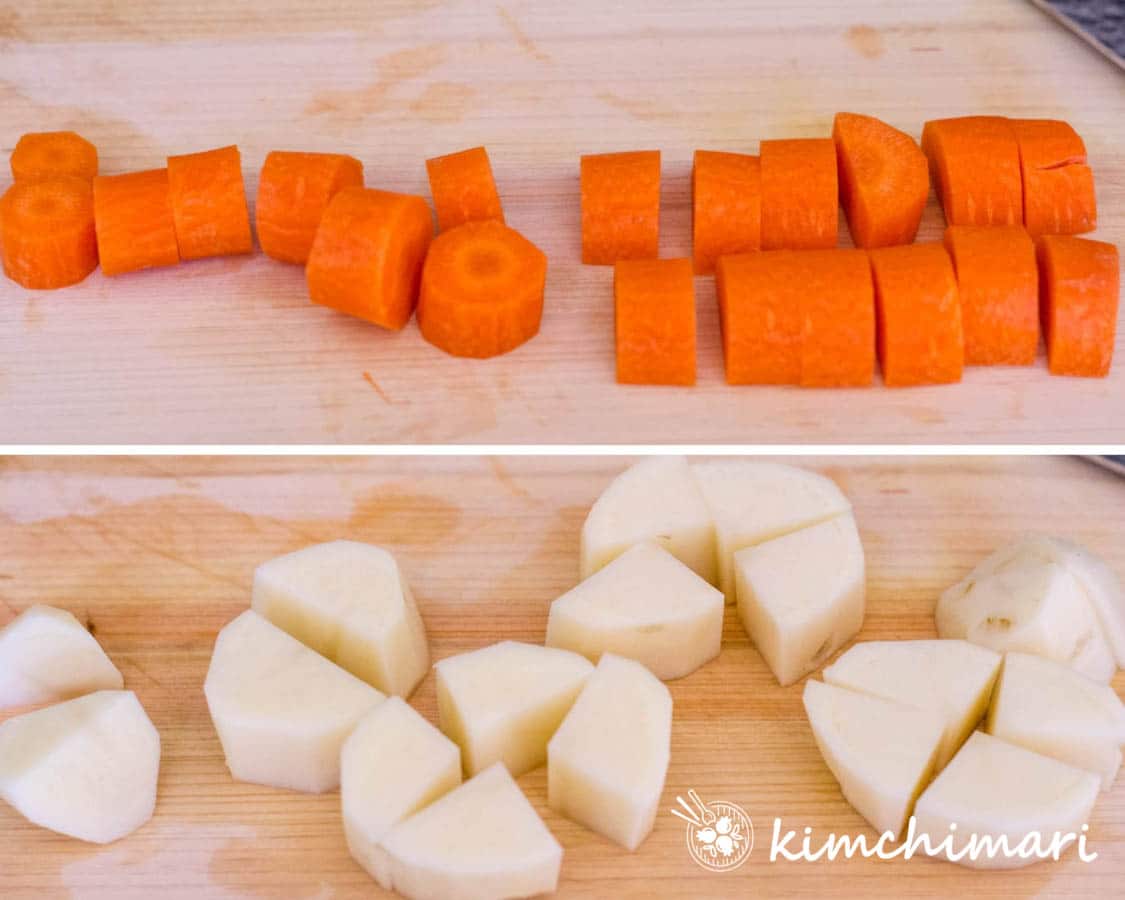 2 pics of carrots and potatoes cut into 3/4 inch cubes - roughly