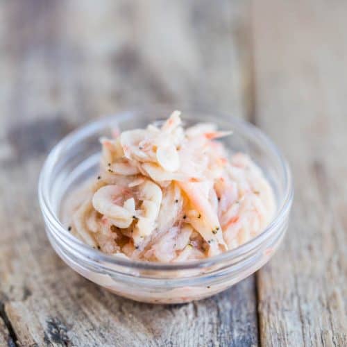 salted fermented shrimp saeujeot in small glass bowl