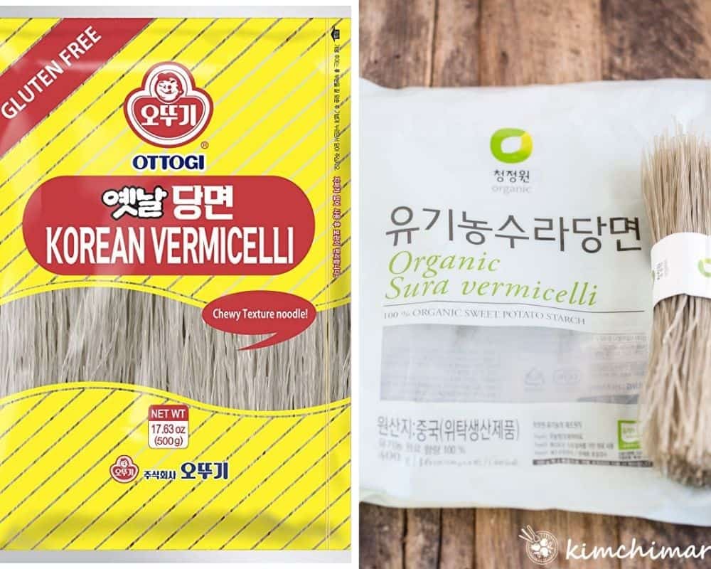 2 different brands of korean vermicelli glass noodle packages side by side. 