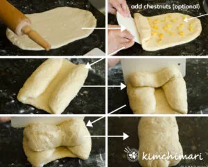 6 step by step pics of how to roll out dough for milk bread and roll into a log