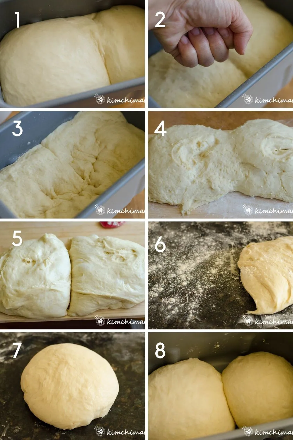 6 step by step pics of punching down dough and then forming into 2 dough balls